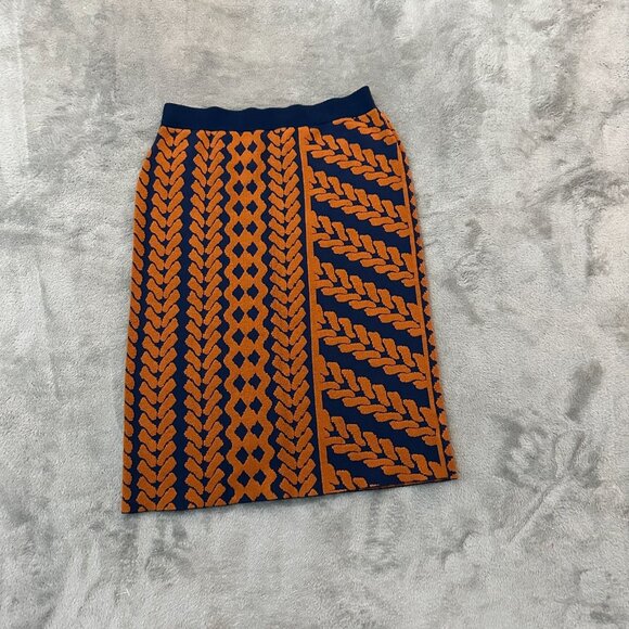 Maeve Anthropologier Navy Blue Orange Motif Knit Midi Skirt LARGE - Picture 2 of 6